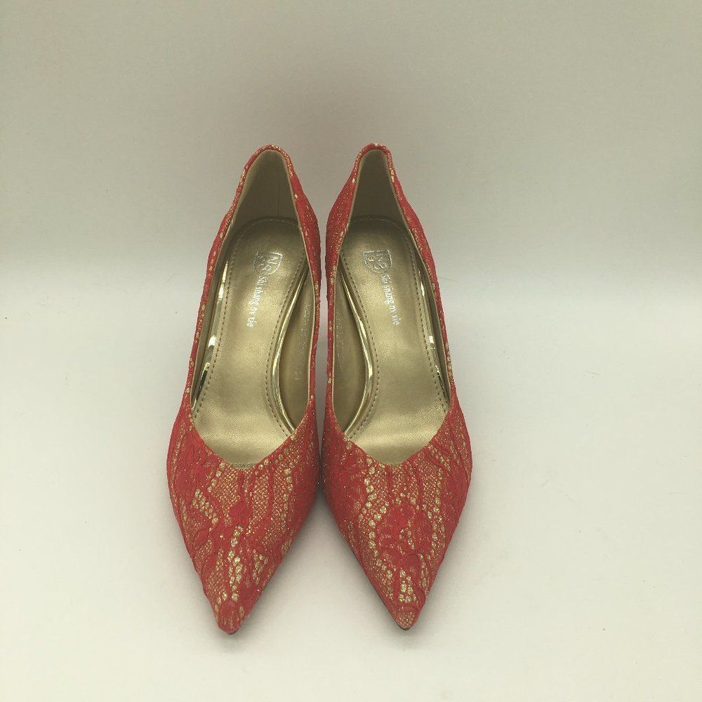 Red Women Sexy Lace Pointed Toe Mid Heels Wedding Bride Shoes